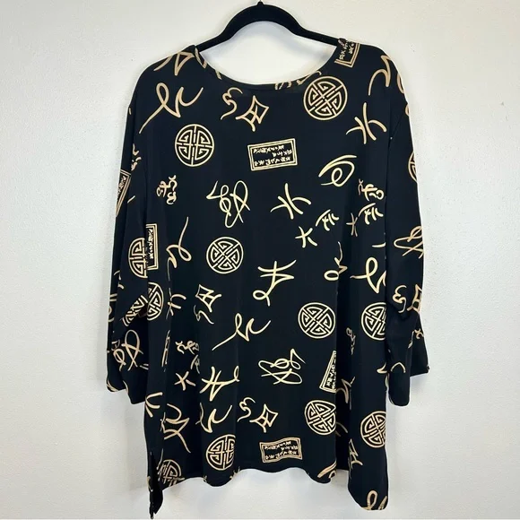 Whimsigoth Boho Black Tan Asian Inspired V-Neck Plus Size 3X Top Work Travel - Picture 8 of 11